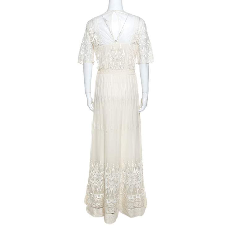 Pre Owned Burberry Cream Lace Short Sleeve Maxi Dress L