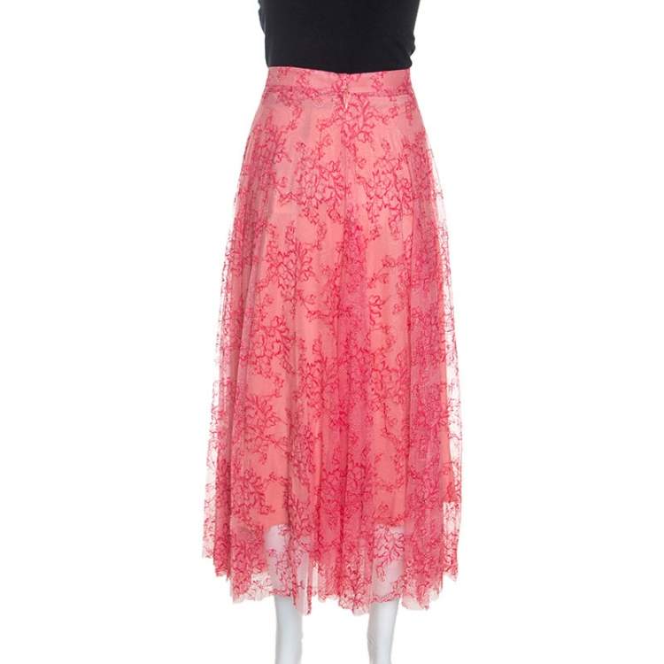 Pre Owned Burberry Pink Pleated Lace Wilton Midi Skirt L