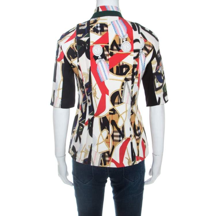 Pre Owned Burberry Multicolor Graffiti Archive Scarf Print Silk Zip Front Top S