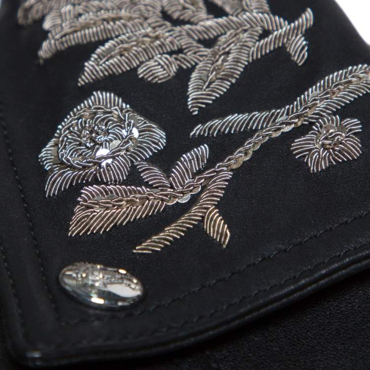 Pre Owned Burberry Black Floral Embroidered Leather Peebles Jacket S