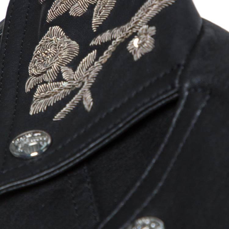 Pre Owned Burberry Black Floral Embroidered Leather Peebles Jacket S