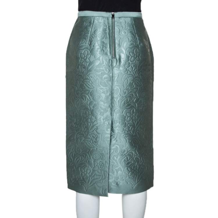 Pre Owned Burberry Prorsum Light Green Floral Embossed Pencil Skirt S