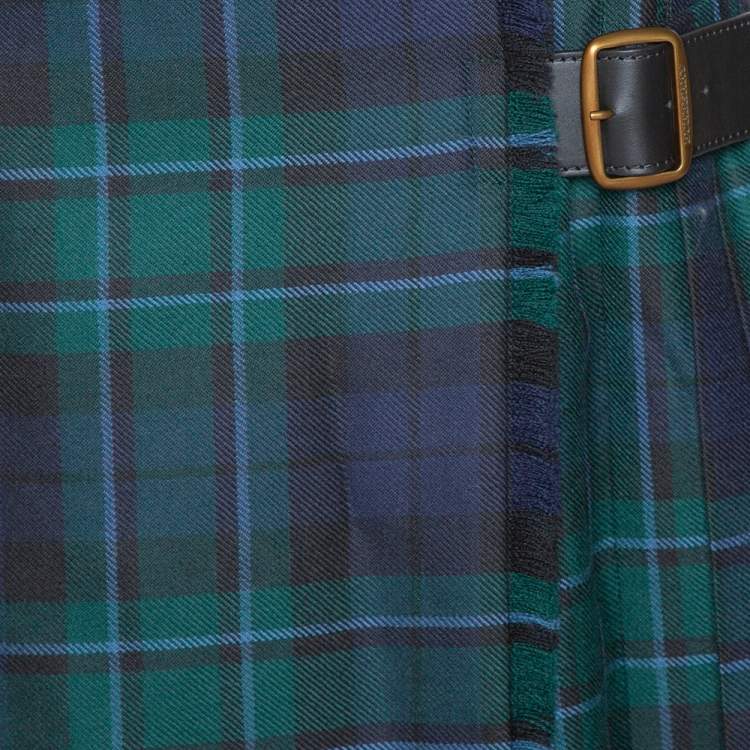 Pre Owned Burberry Green Plaid Wool Pleated Taybridge Wrap Skirt M