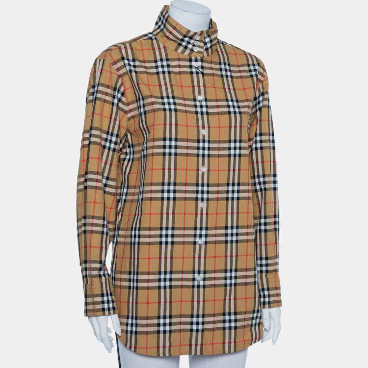 Pre Owned Burberry Beige Vintage Checkered Cotton High Neck Shirt M