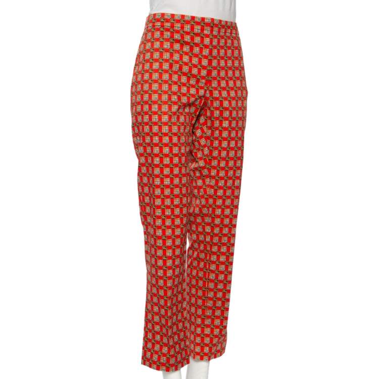Burberry Bright Red Cotton Archive Print Pat Hanover Cigarette Pants M  Burberry