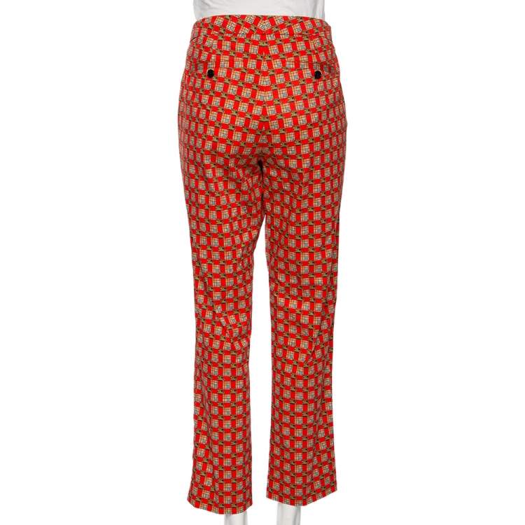 Pre Owned Burberry Bright Red Cotton Archive Print Pat Hanover Cigarette Pants M