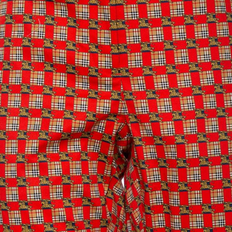 Pre Owned Burberry Bright Red Cotton Archive Print Pat Hanover Cigarette Pants M