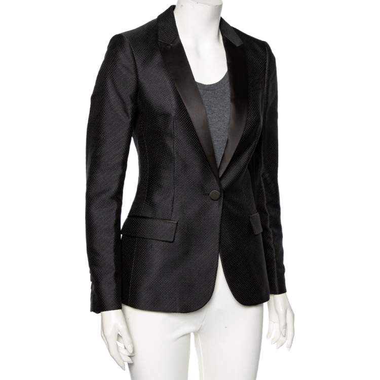 Pre Owned Burberry Black Textured Silk & Satin Trimmed Single Breasted Tuxedo S 