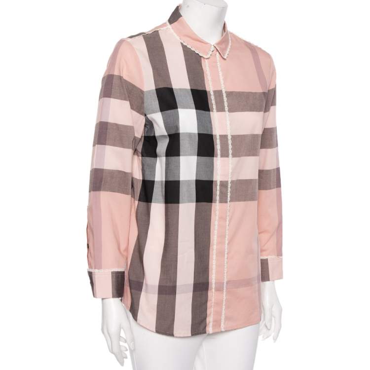 Pre Owned Burberry Pink Checked Cotton Lace Trimmed Button Front Shirt M