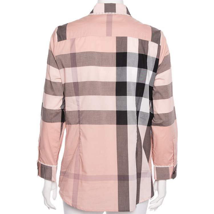 Pre Owned Burberry Pink Checked Cotton Lace Trimmed Button Front Shirt M
