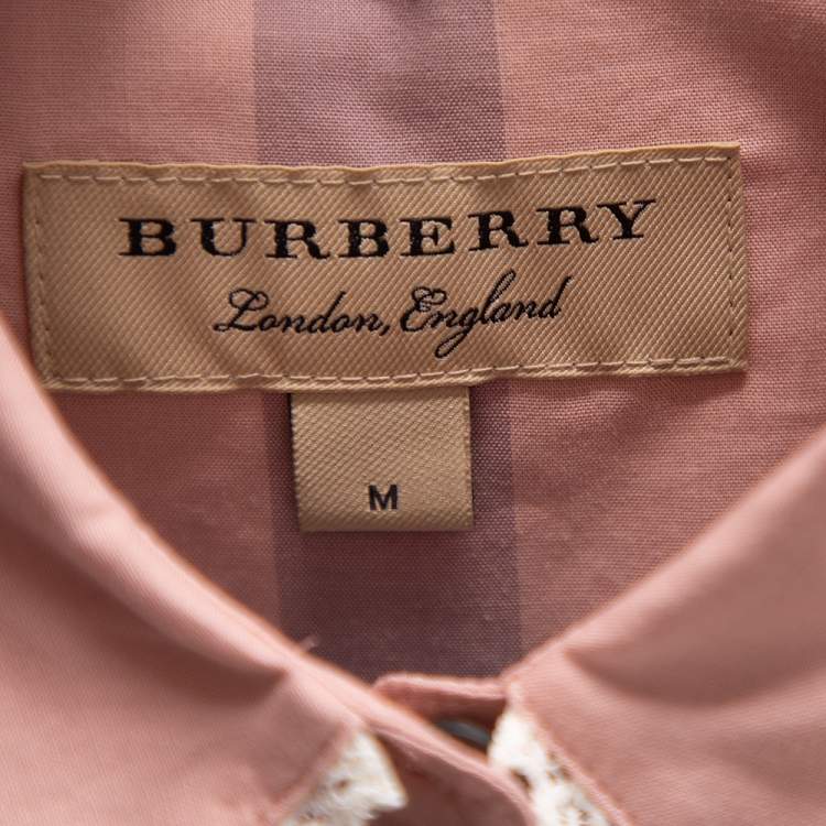 Pre Owned Burberry Pink Checked Cotton Lace Trimmed Button Front Shirt M