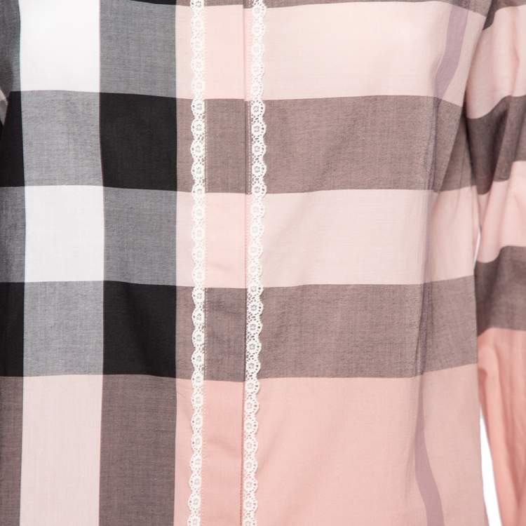 Pre Owned Burberry Pink Checked Cotton Lace Trimmed Button Front Shirt M