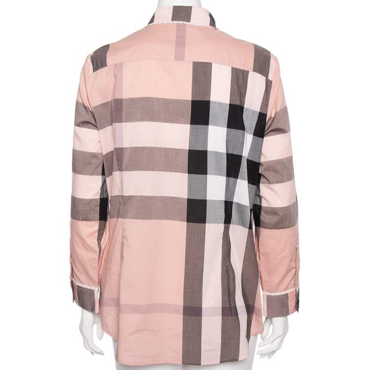 Pre Owned Burberry Pink Checked Cotton Lace Trimmed Button Front Shirt L
