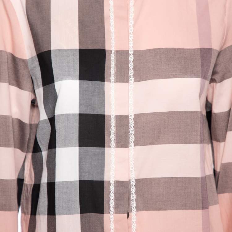 Pre Owned Burberry Pink Checked Cotton Lace Trimmed Button Front Shirt L