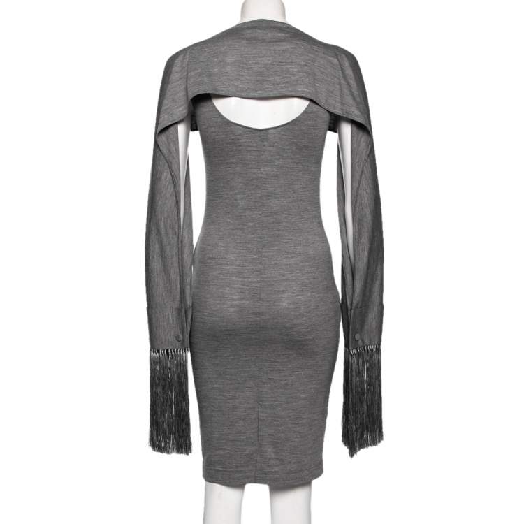 Pre Owned Burberry Grey Wool Knit Sleeveless Dress & Fringed Capelet XS