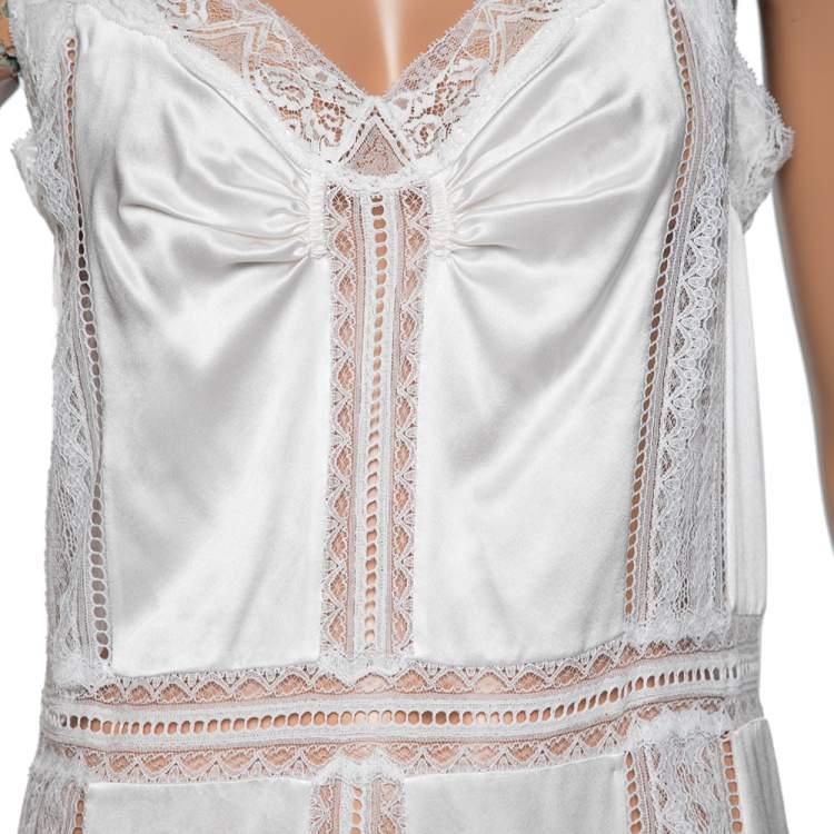 Pre Owned Burberry White Satin Silk & Chantilly Lace Sleeveless Slip Dress S