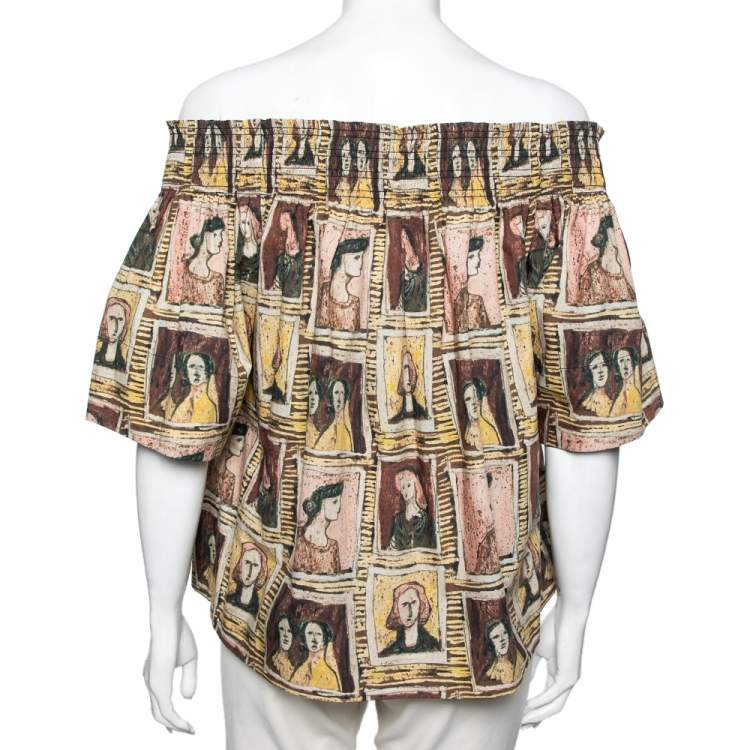 Pre Owned Burberry Umber Brown Printed Cotton Gerbera Off Shoulder Top L