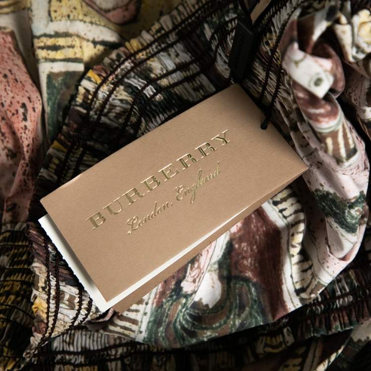 Pre Owned Burberry Umber Brown Printed Cotton Gerbera Off Shoulder Top L