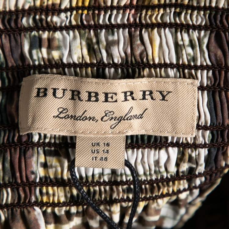 Pre Owned Burberry Umber Brown Printed Cotton Gerbera Off Shoulder Top L