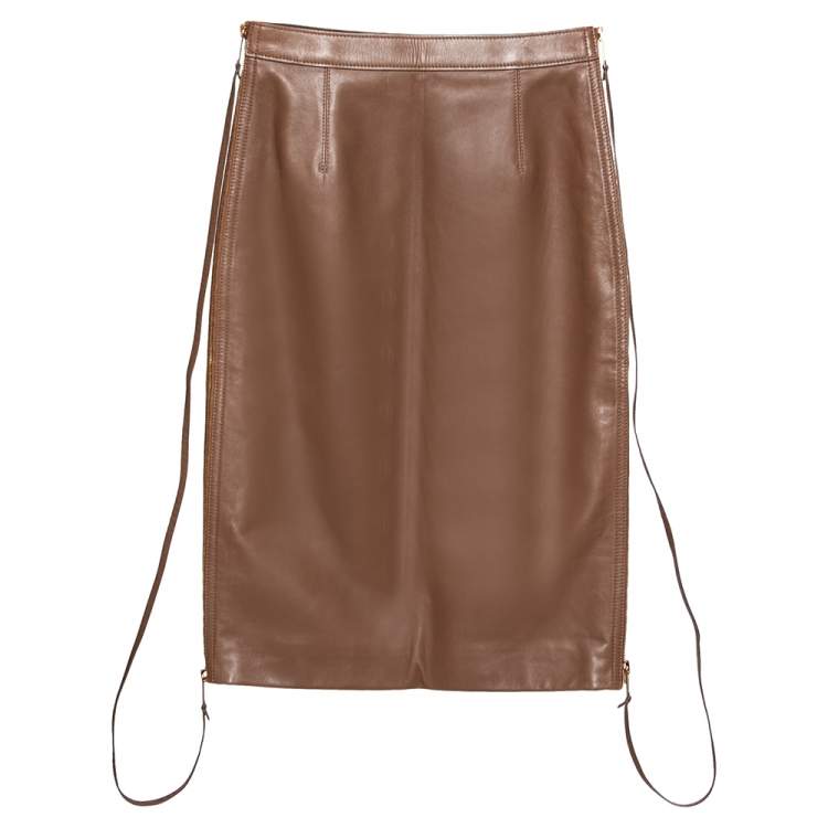 Pre Owned Burberry Brown Leather Double Zip Pencil Midi Skirt XS