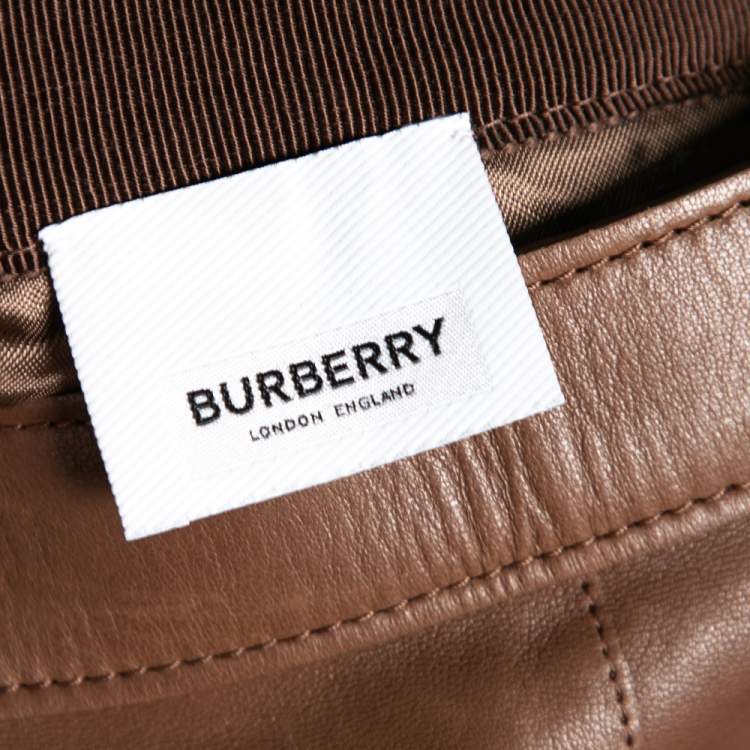 Pre Owned Burberry Brown Leather Double Zip Pencil Midi Skirt XS