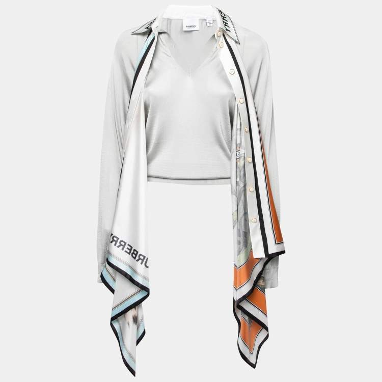 Pre Owned Burberry Grey Knit Animalia Scarf Detail Long Sleeve Top XS