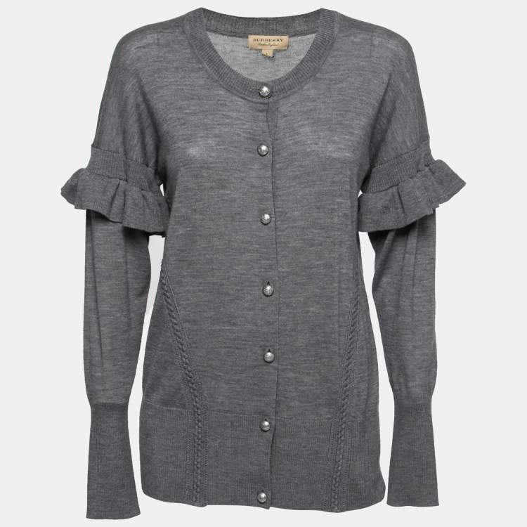 Pre Owned Burberry Grey Wool Ruffled Sleeve Button Front Cardigan L
