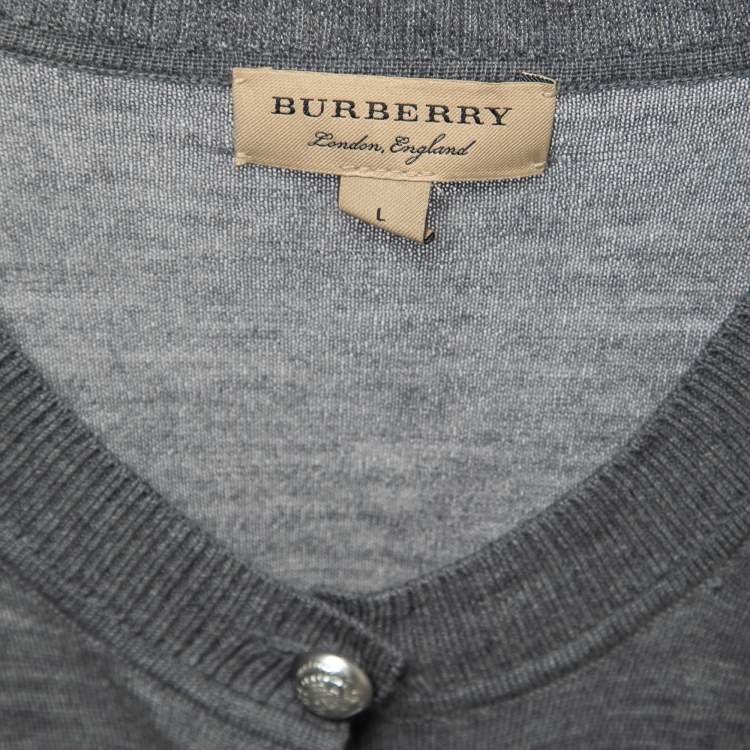 Pre Owned Burberry Grey Wool Ruffled Sleeve Button Front Cardigan L