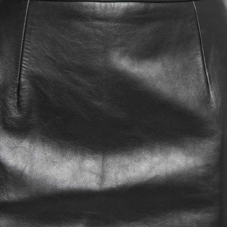 Pre Owned Burberry Black Leather Step-Through Pencil Skirt S