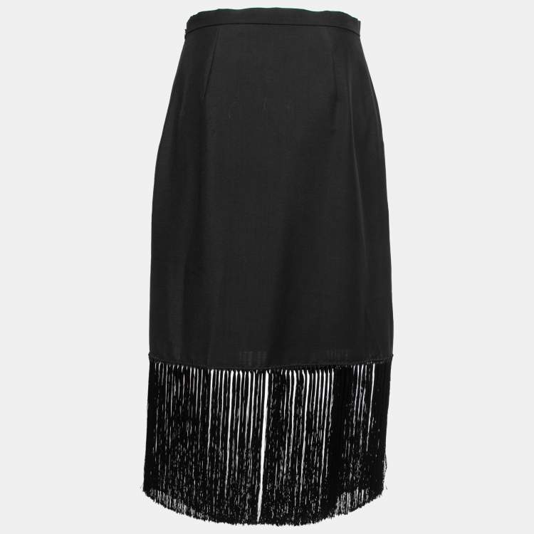 مملوكة مسبقًا Burberry Black Mohair & Wool Tassel Trim Midi Skirt M