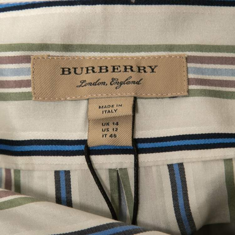 Pre Owned Burberry Multicolor Striped Silk Belted Shirt Midi Dress L