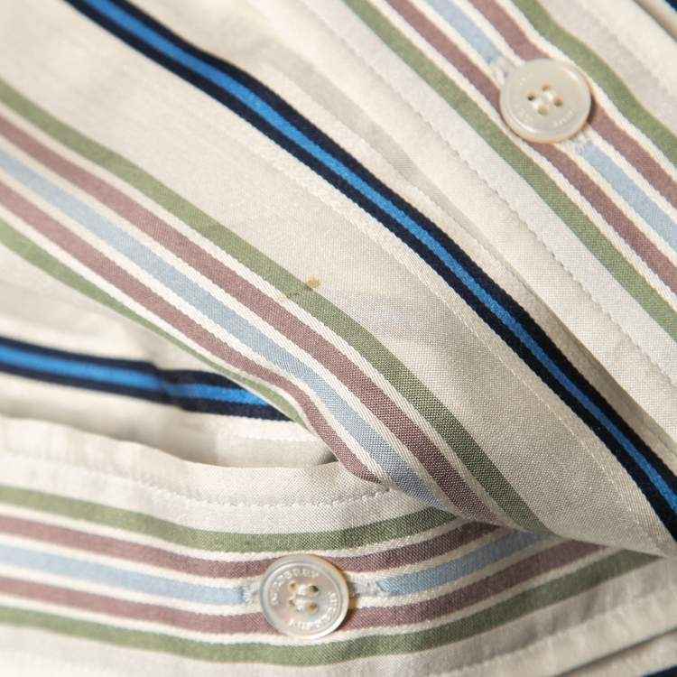Pre Owned Burberry Multicolor Striped Silk Belted Shirt Midi Dress L