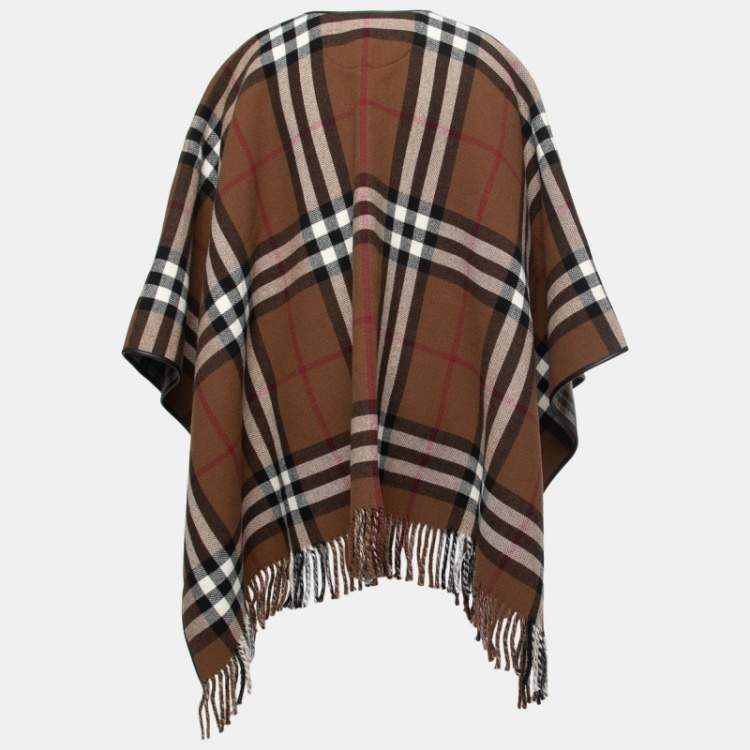 Pre Owned Burberry Brown Checked Wool Fringed Cape One Size