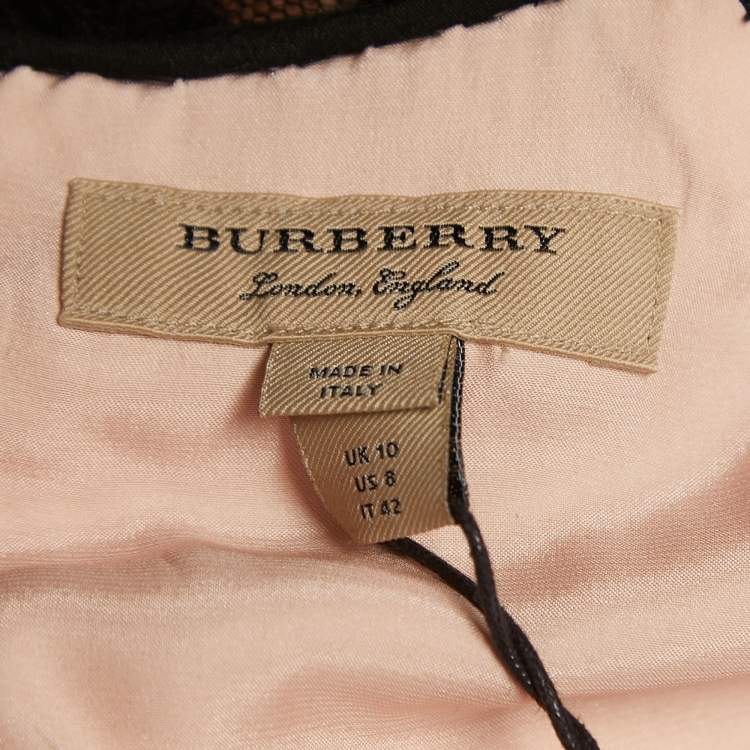 Pre Owned Burberry Black Tulle & Floral Lace V-Neck Flared Midi Dress M