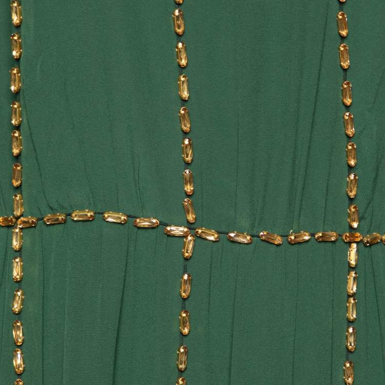 Pre Owned Burberry Green Silk Crystal Embellished Long Sleeve Gown S