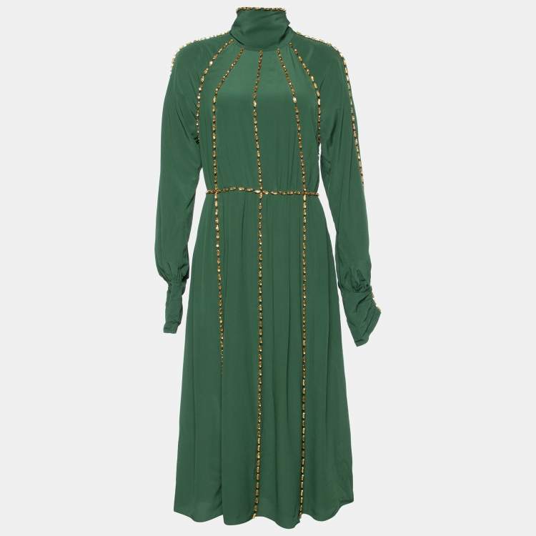 Pre Owned Burberry Green Silk Crystal Embellished Long Sleeve Gown S