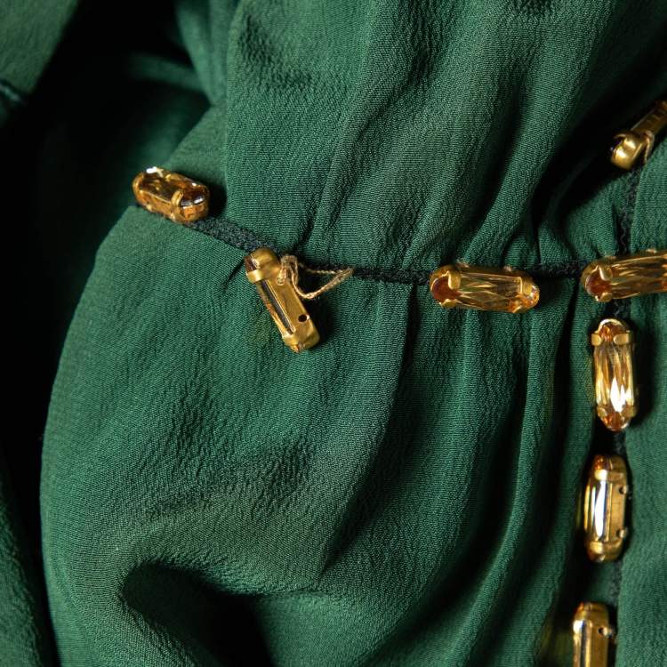 Pre Owned Burberry Green Silk Crystal Embellished Long Sleeve Gown S