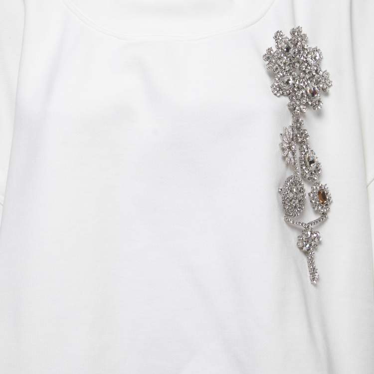 Pre Owned Burberry White Cotton Crystals Embellished Brooch Detailed Sweatshirt XL 