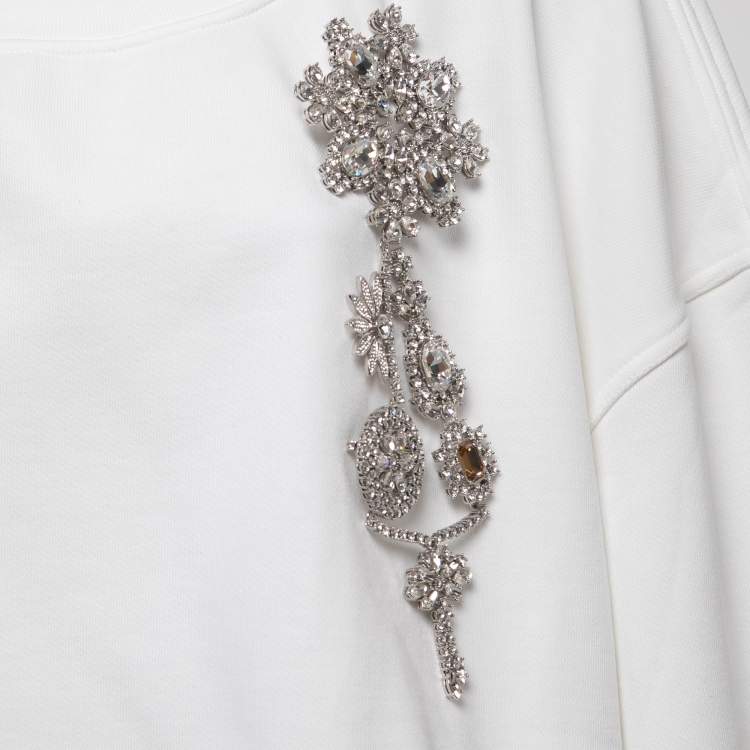 Pre Owned Burberry White Cotton Crystals Embellished Brooch Detailed Sweatshirt XL 