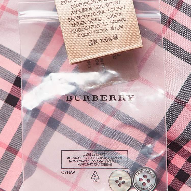 Pre Owned Burberry Pink Checked Lace Trimmed Cotton Belted Shirt Dress M