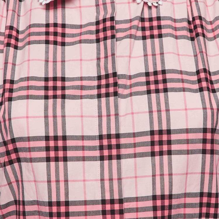 Pre Owned Burberry Pink Checked Lace Trimmed Cotton Belted Shirt Dress M