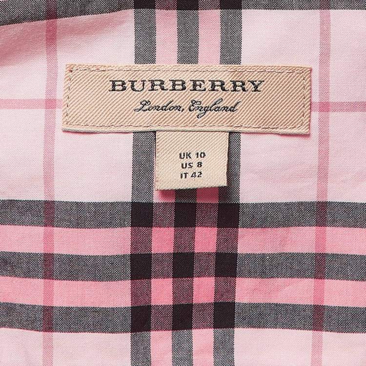 Pre Owned Burberry Pink Checked Lace Trimmed Cotton Belted Shirt Dress M