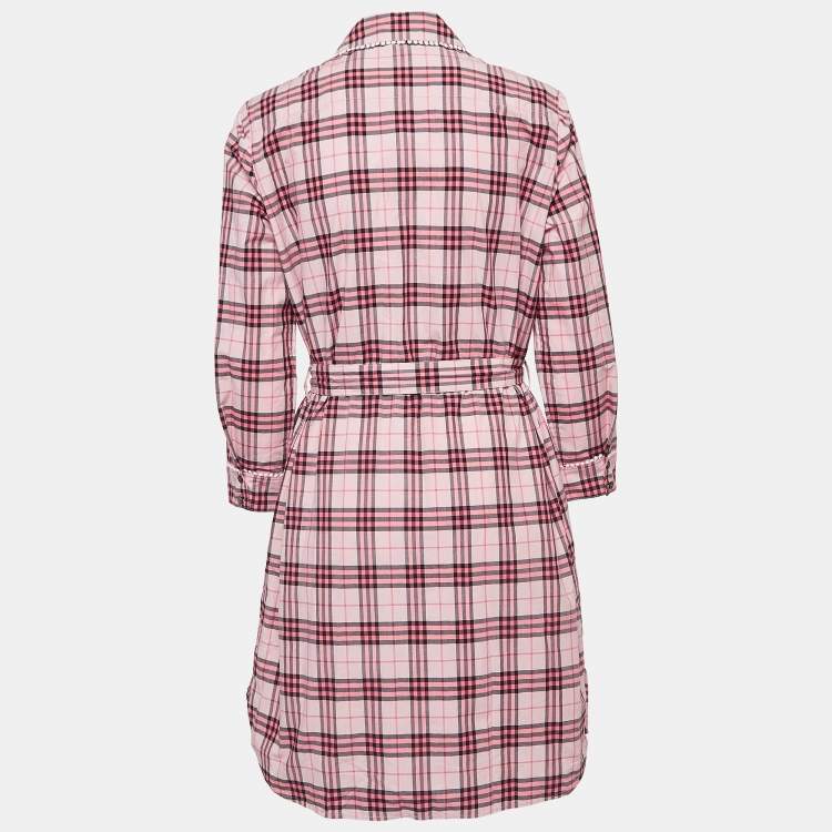Pre Owned Burberry Pink Checked Lace Trimmed Cotton Belted Shirt Dress M