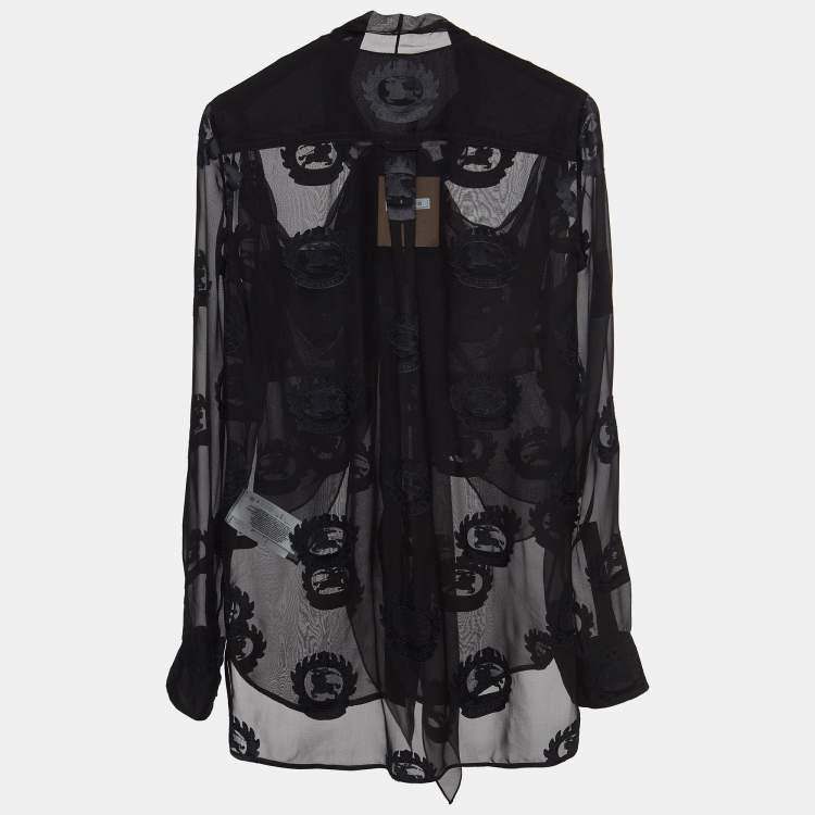 Pre Owned Burberry Black Logo Jacquard Silk Draped Style Sheer Shirt S