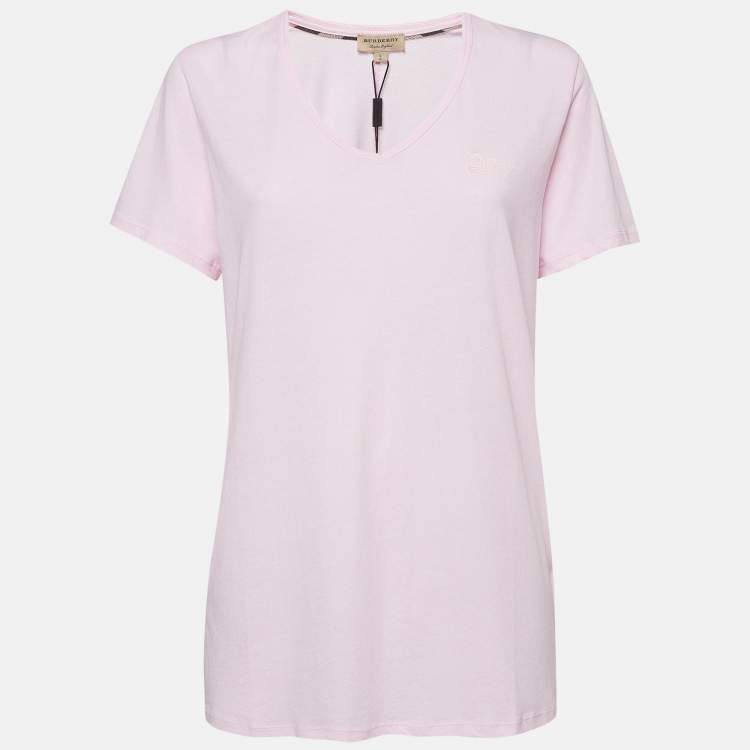 مملوكة مسبقًا Burberry Pink Embroidered Cotton V-Neck T-Shirt L   