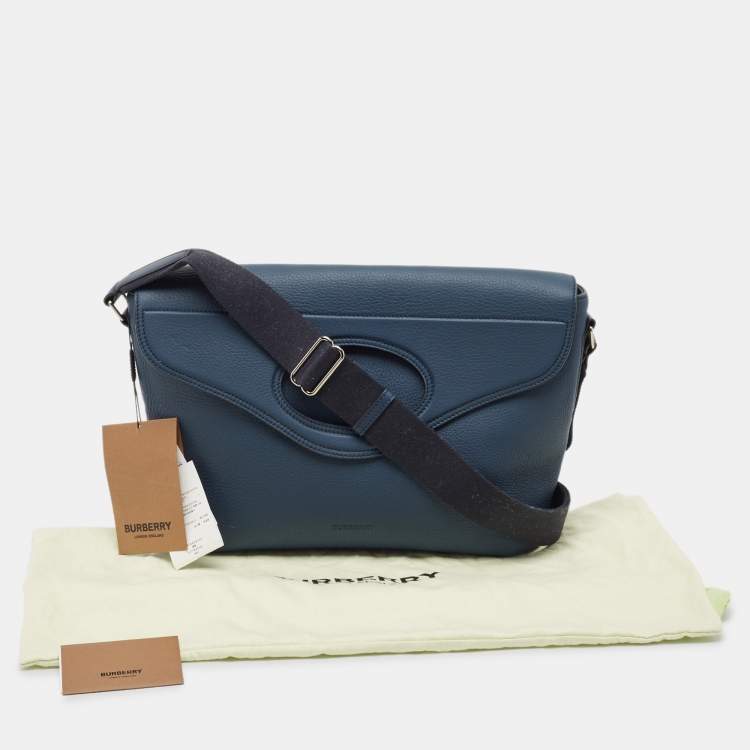 Pre Owned Burberry Ash Blue Leather Large Pocket Messenger Bag
