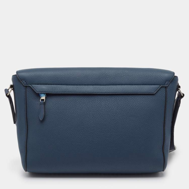 Pre Owned Burberry Ash Blue Leather Large Pocket Messenger Bag