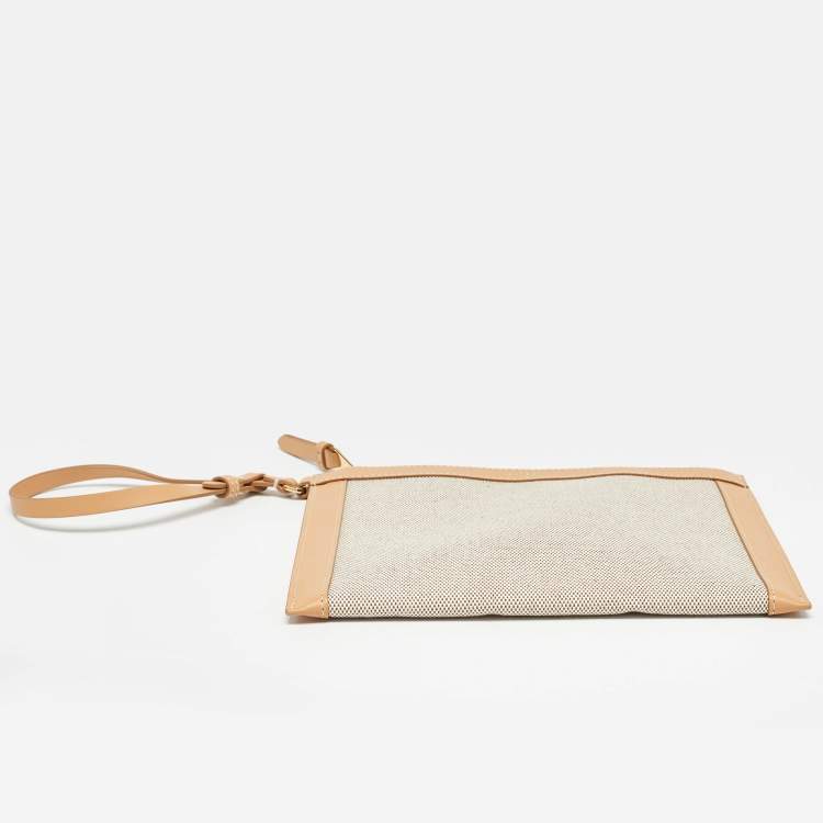 Pre Owned Burberry Beige/Tan Canvas and Leather Wristlet Pouch