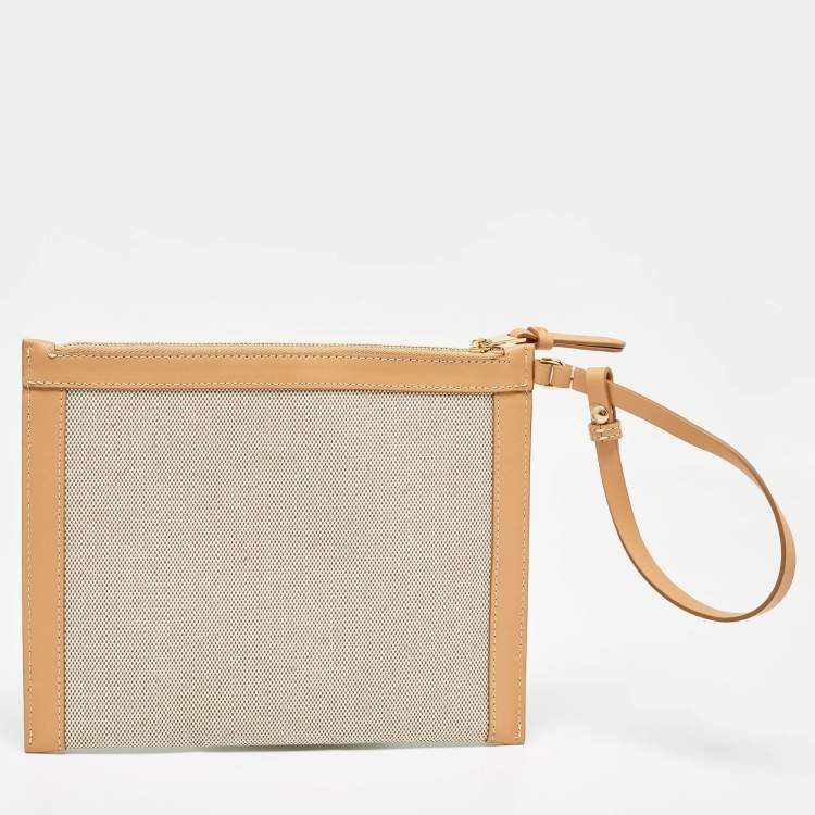 Pre Owned Burberry Beige/Tan Canvas and Leather Wristlet Pouch