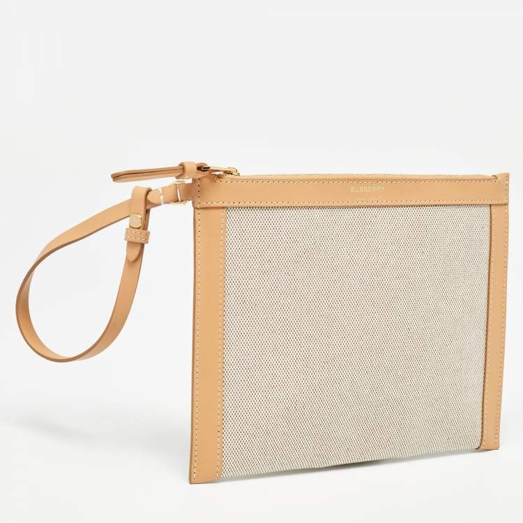 Pre Owned Burberry Beige/Tan Canvas and Leather Wristlet Pouch